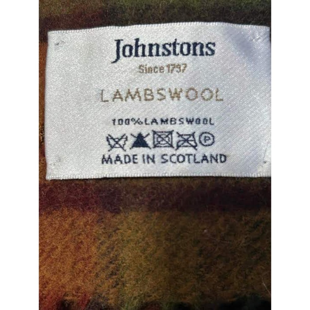 Johnstons of Elgin Lambswool Plaid Scarf Made in Scotland Green Orange Brown - Picture 2 of 4